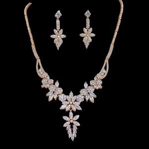 FAC Cubic Zirconia Rose Gold Tone Necklace & Earrings